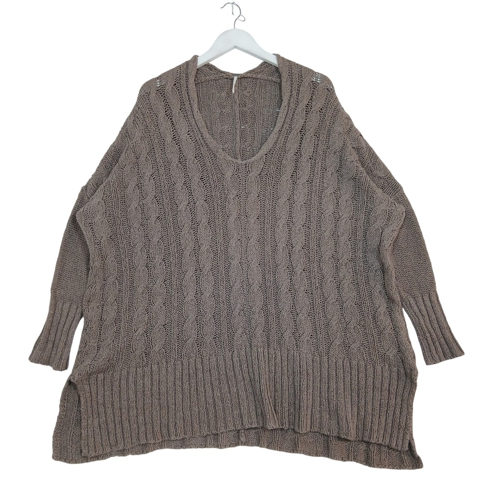 Free People Oversized Cable Knit V-Neck Sweater Taupe Brown Slouchy Pullover